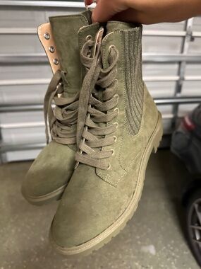 crown & ivy Olive Green Suede Lace-Up Ankle Boots